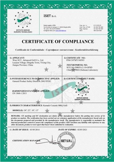 Chine WUXI  M.Y. ADVANCED GRILL CO., LTD. certifications